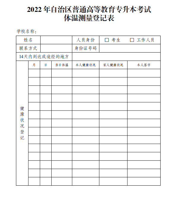 2022新疆專升本考試體溫測(cè)量登記表下載